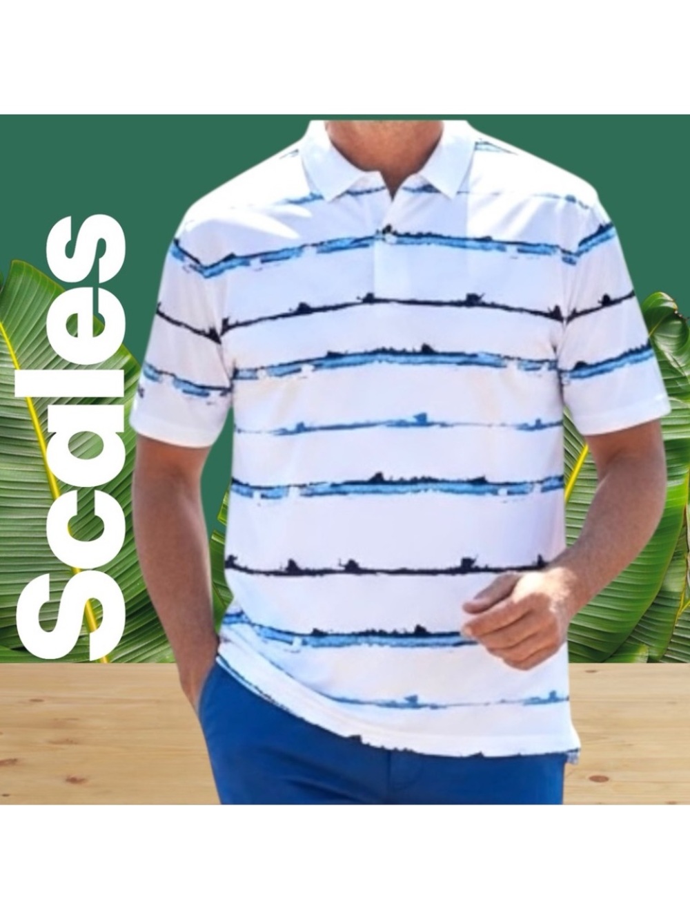 Scales Golf Polo UPF 50+ Striker Stripes Blue Fishing Outdoors Sz L NWOT
